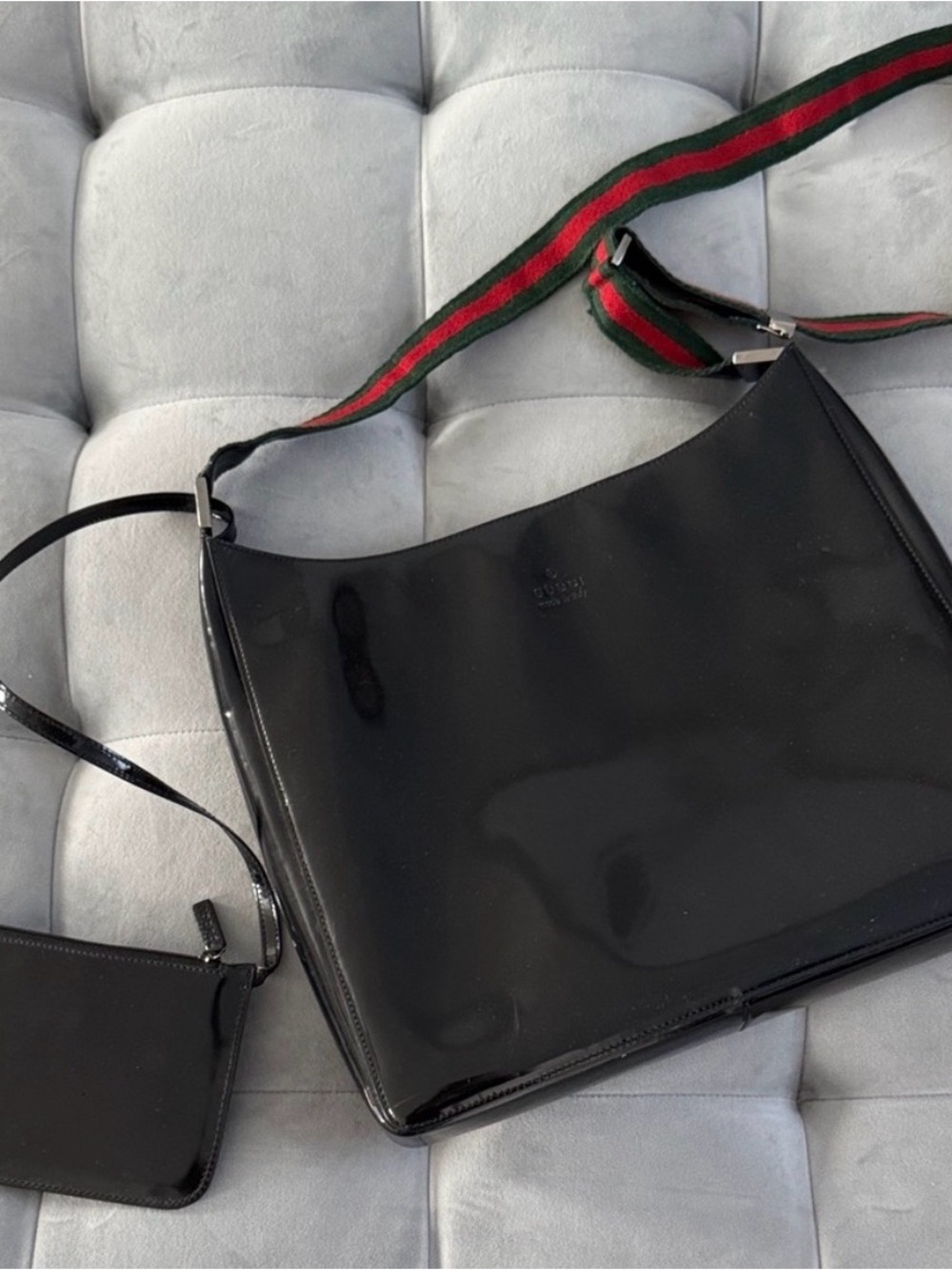 Authentic Gucci Black Patent Leather Bag with Green and Red Adjustable Strap